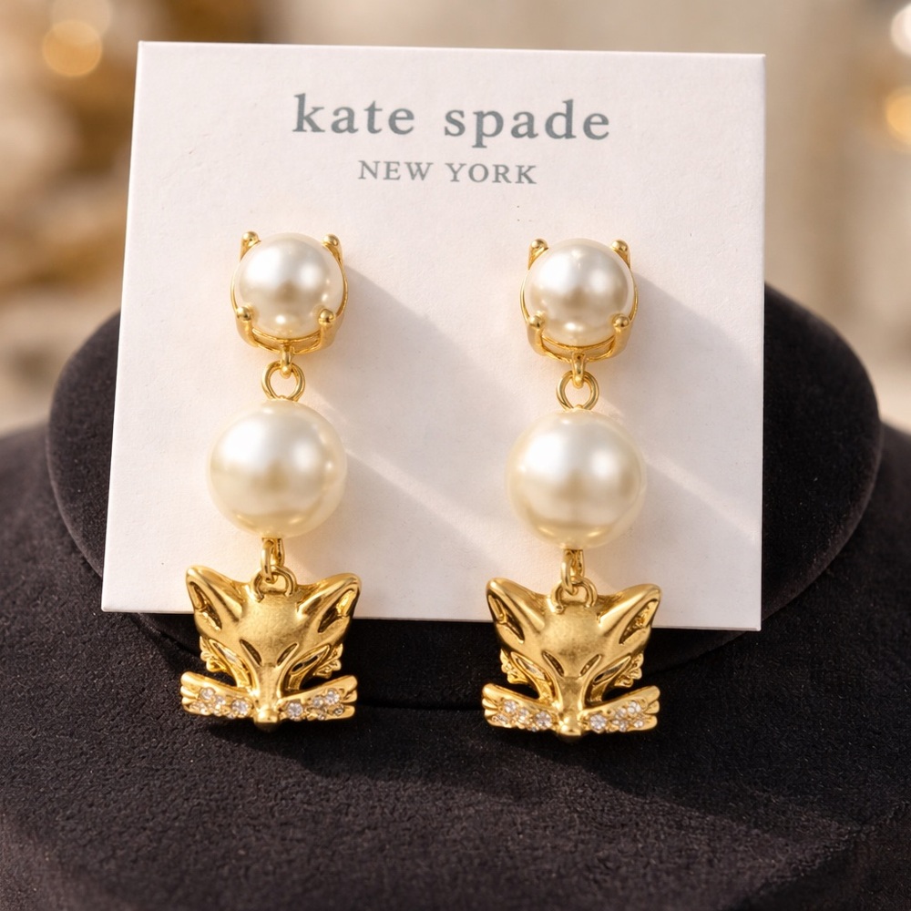 Kate Spade Gold and Pearl Fox Drop Earrings